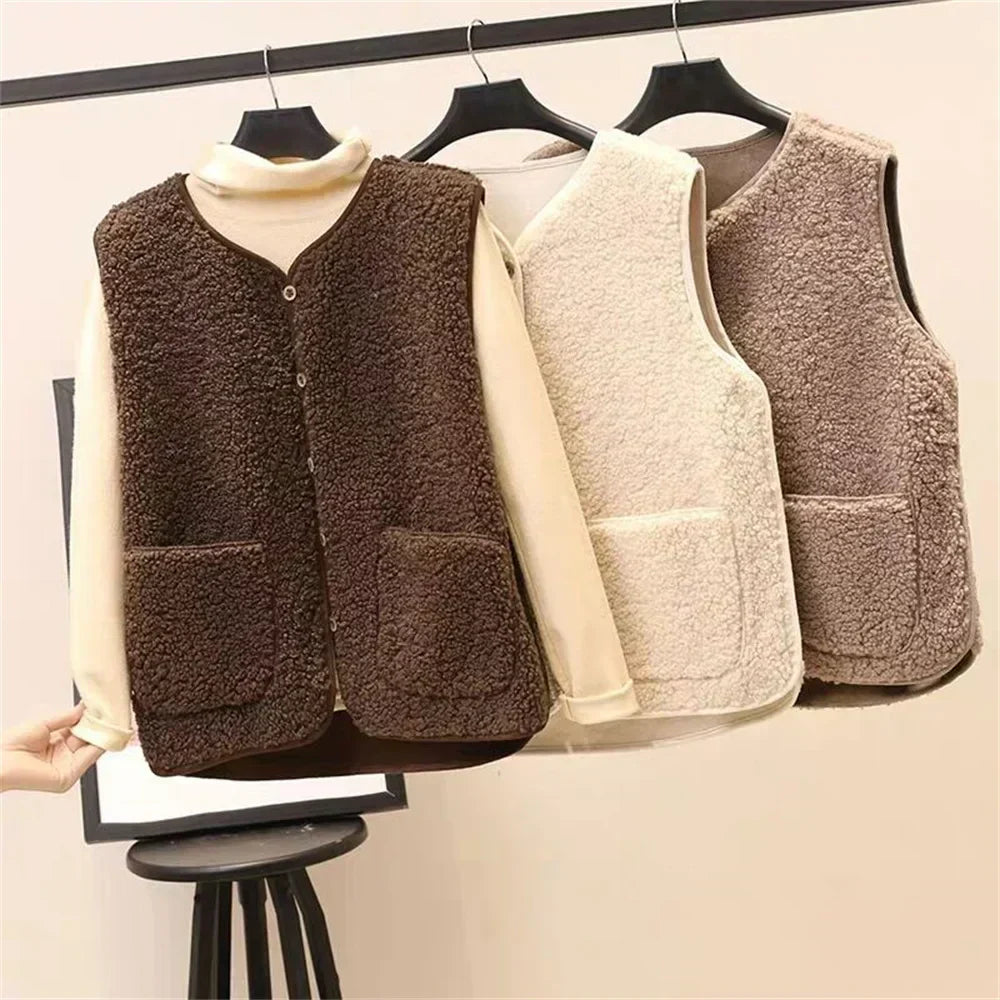 Brown - Three women's faux shearling vests in cream, dark brown, and taupe hanging on wooden hangers, featuring a V-neck, button-front closure, and large patch pockets.
