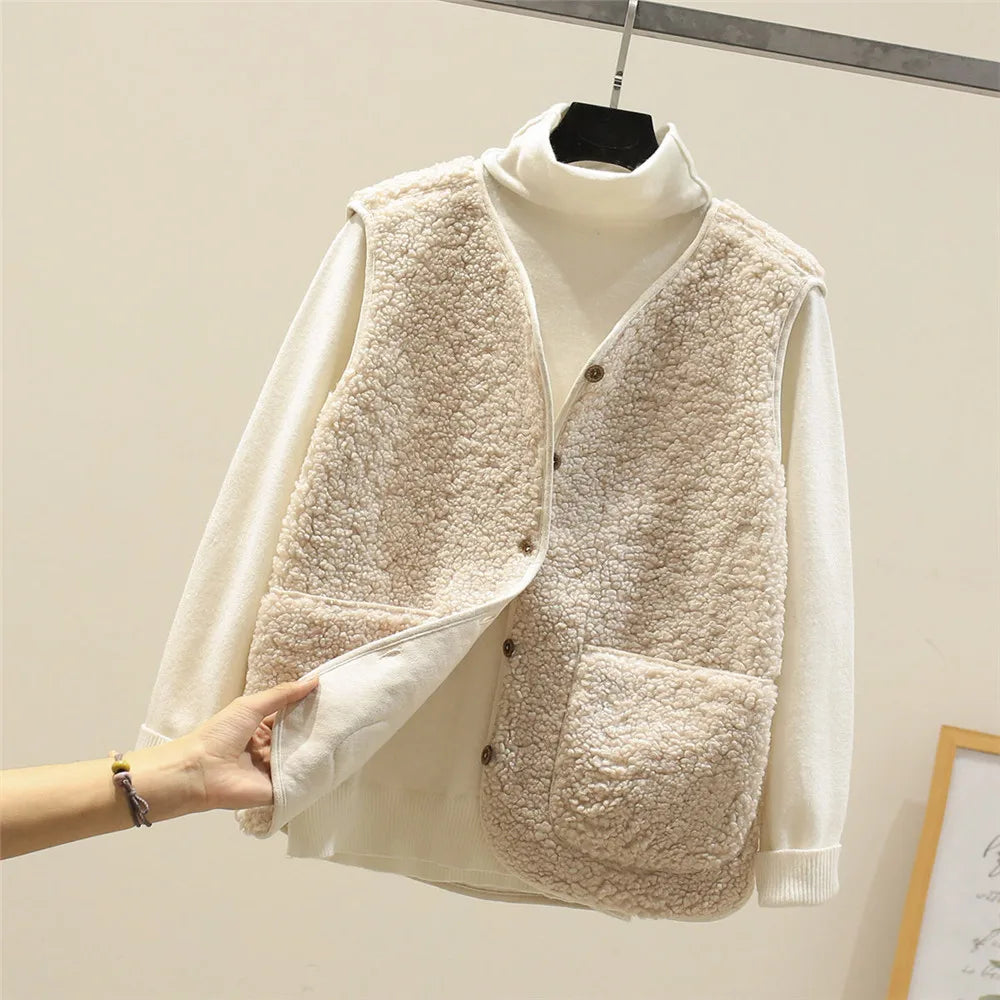 Khaki - Three women's faux shearling vests in cream, dark brown, and taupe hanging on wooden hangers, featuring a V-neck, button-front closure, and large patch pockets.
