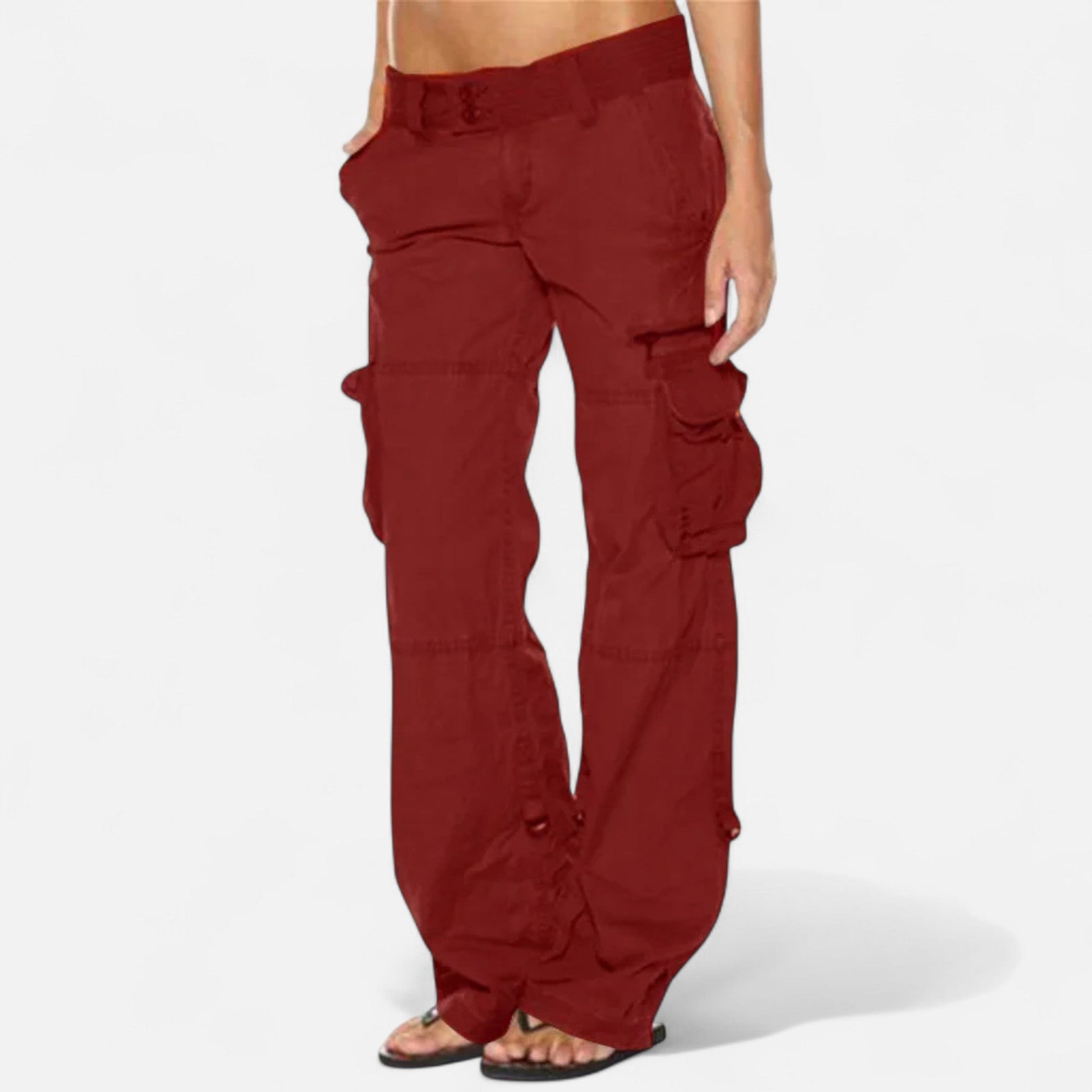 Bordeaux - Women's low-rise wide-leg cargo pants featuring multiple utility pockets and a relaxed fit.
