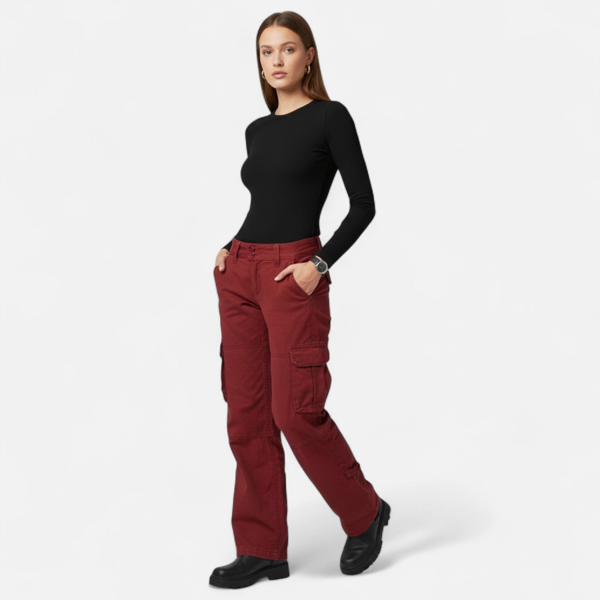 Bordeaux - Women's low-rise wide-leg cargo pants featuring multiple utility pockets and a relaxed fit.