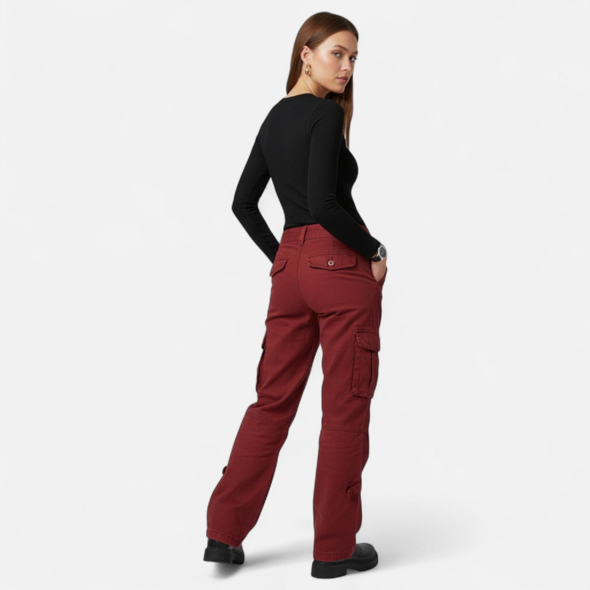 Bordeaux - Women's low-rise wide-leg cargo pants featuring multiple utility pockets and a relaxed fit.