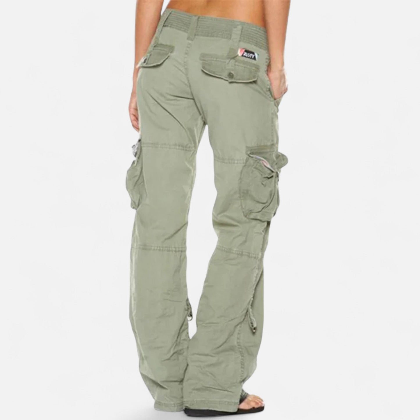Hellgrün - Women's low-rise wide-leg cargo pants featuring multiple utility pockets and a relaxed fit.