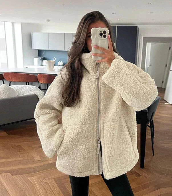 Coffee - Women's off-white heavyweight sherpa fleece jacket featuring a full front zipper, high stand collar, and two large front patch pockets.