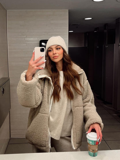 Coffee - Women's off-white heavyweight sherpa fleece jacket featuring a full front zipper, high stand collar, and two large front patch pockets.
