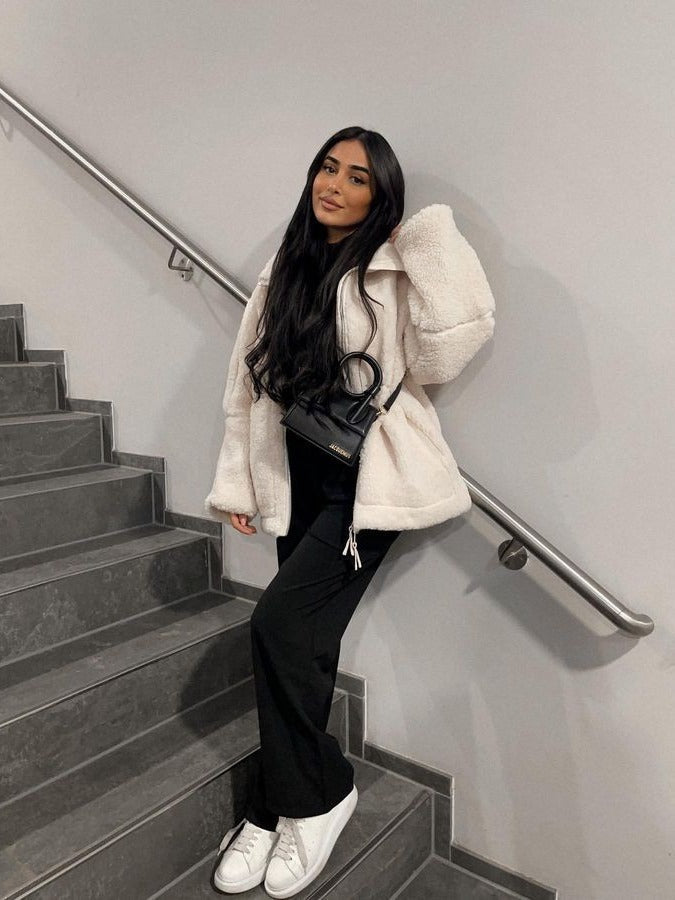 Coffee - Women's off-white heavyweight sherpa fleece jacket featuring a full front zipper, high stand collar, and two large front patch pockets.