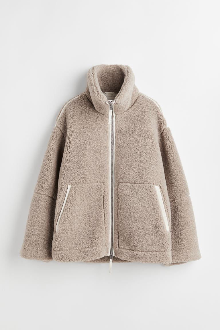 Coffee - Women's off-white heavyweight sherpa fleece jacket featuring a full front zipper, high stand collar, and two large front patch pockets.