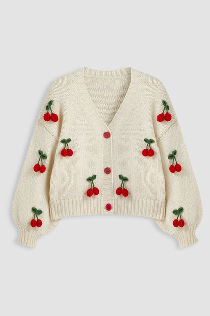 Apricot - Women's chunky knit V-neck cardigan featuring large front buttons and playful 3D crochet cherry appliqués scattered across a relaxed silhouette.