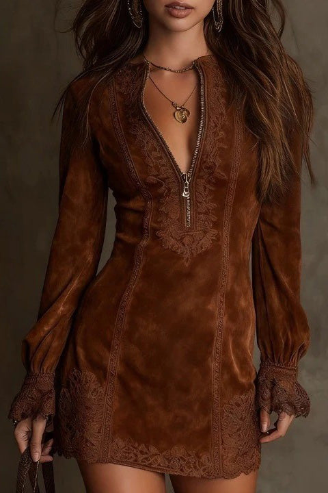 Brown - Front view of a woman wearing a long-sleeved, fitted brown mini dress with a suede-like texture. The dress features a zip-front neckline, intricate floral embroidery on the bodice and seams, and wide lace trim on the cuffs and hem.