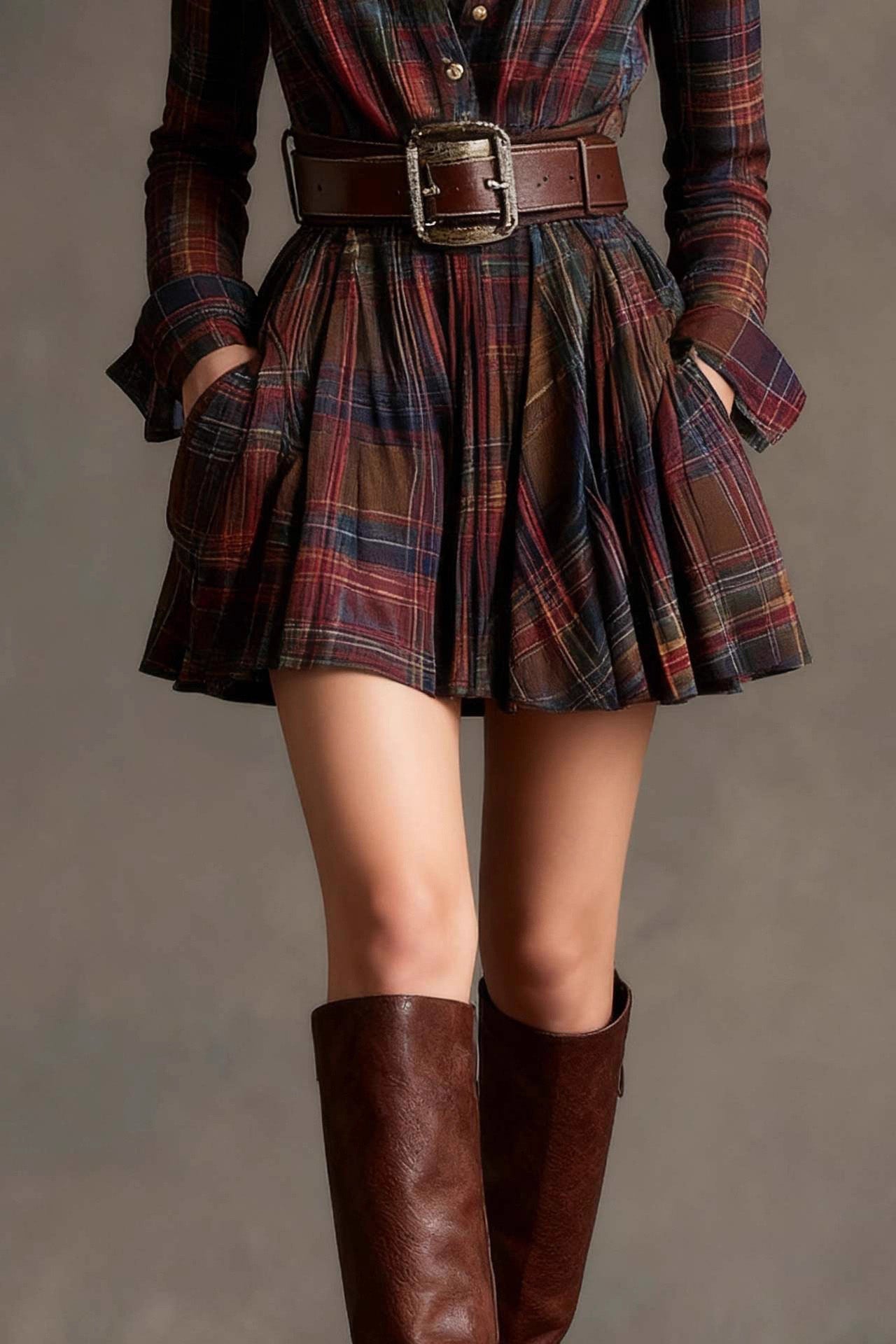 Red - A woman models a long-sleeve, collared mini shirtdress in a multicolor plaid pattern. The dress is cinched with a wide brown belt and features a full, flared skirt, styled with tall brown boots against a grey studio background.