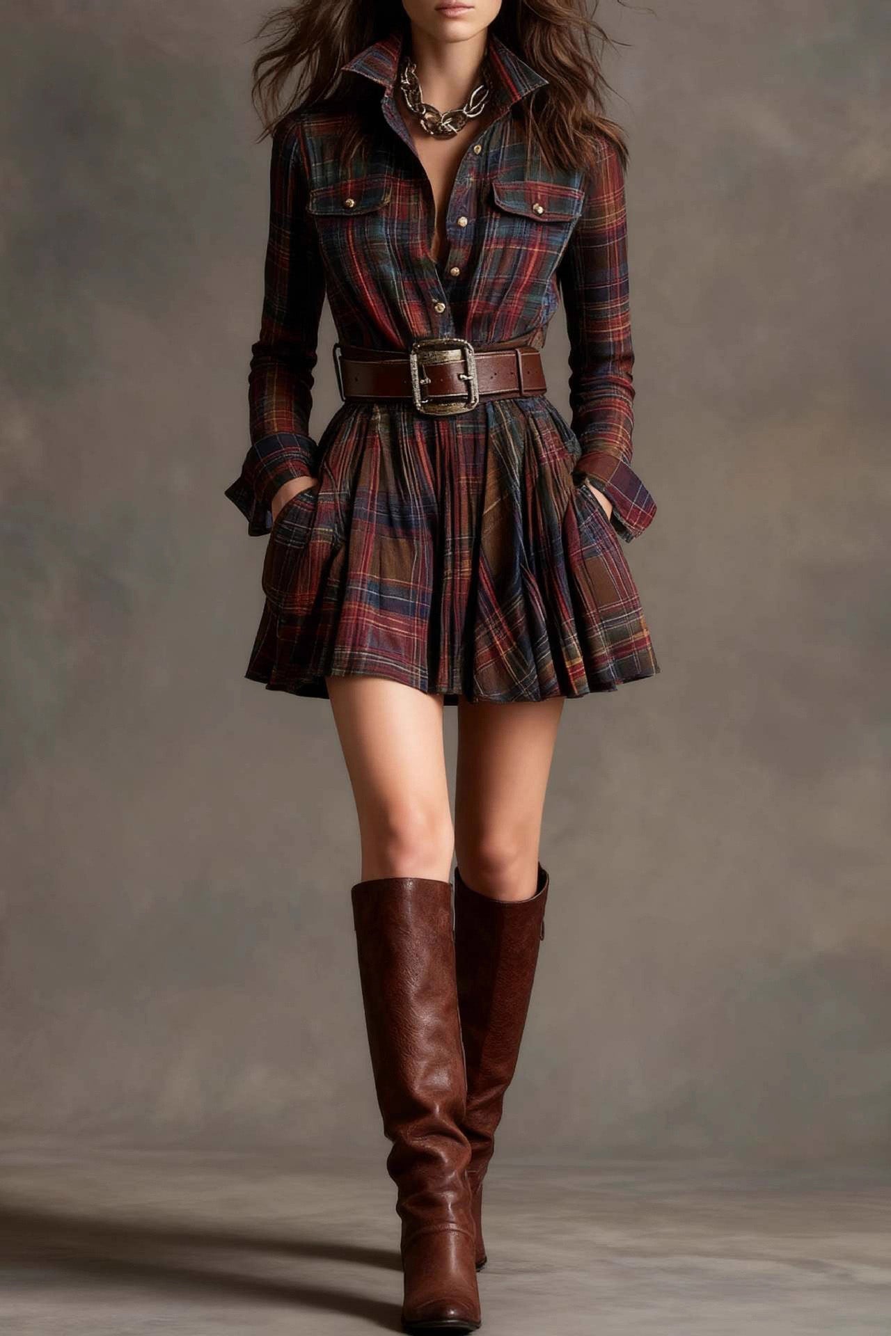 A woman models a long-sleeve, collared mini shirtdress in a multicolor plaid pattern. The dress is cinched with a wide brown belt and features a full, flared skirt, styled with tall brown boots against a grey studio background.