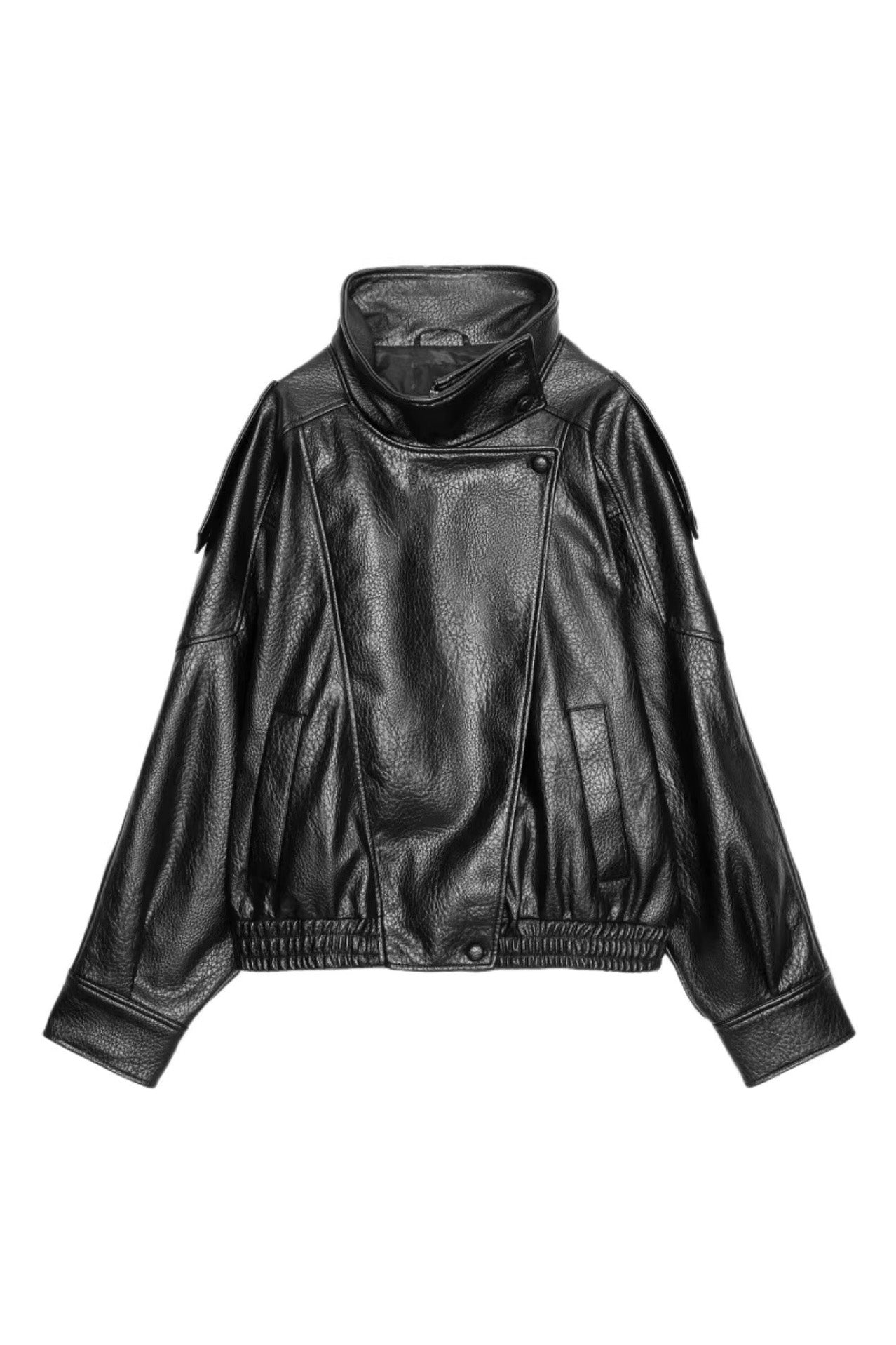 Black - A woman taking a mirror selfie wearing an oversized, black pebbled faux leather jacket with a high snap-button collar, dropped shoulders, and a cropped fit.