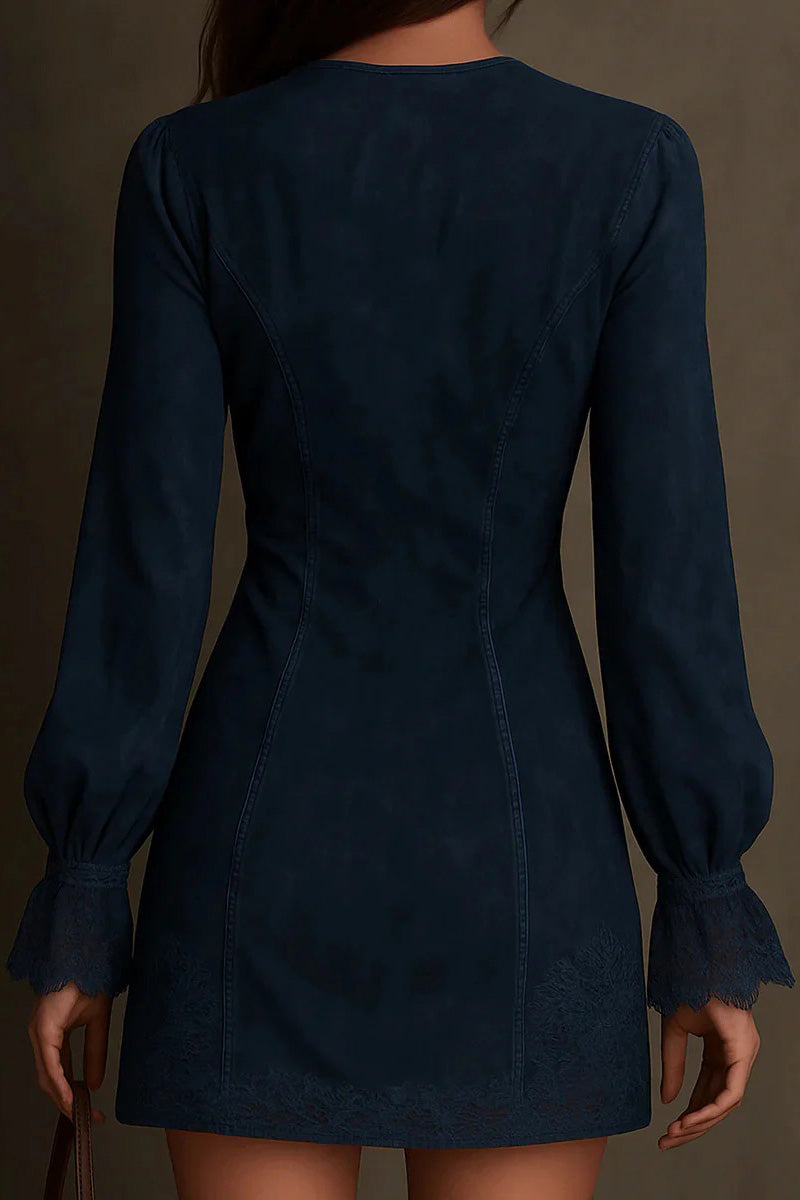 Blue - Front view of a woman wearing a long-sleeved, fitted brown mini dress with a suede-like texture. The dress features a zip-front neckline, intricate floral embroidery on the bodice and seams, and wide lace trim on the cuffs and hem.