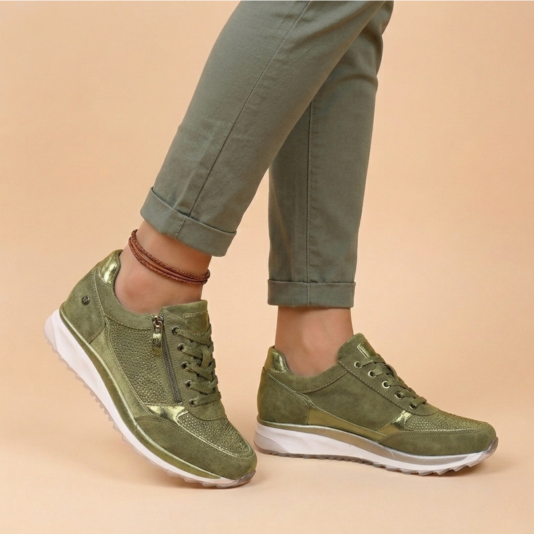 Grün - Women's cuffed slim-leg pants in a smooth woven fabric, styled with metallic and perforated side-zip sneakers.