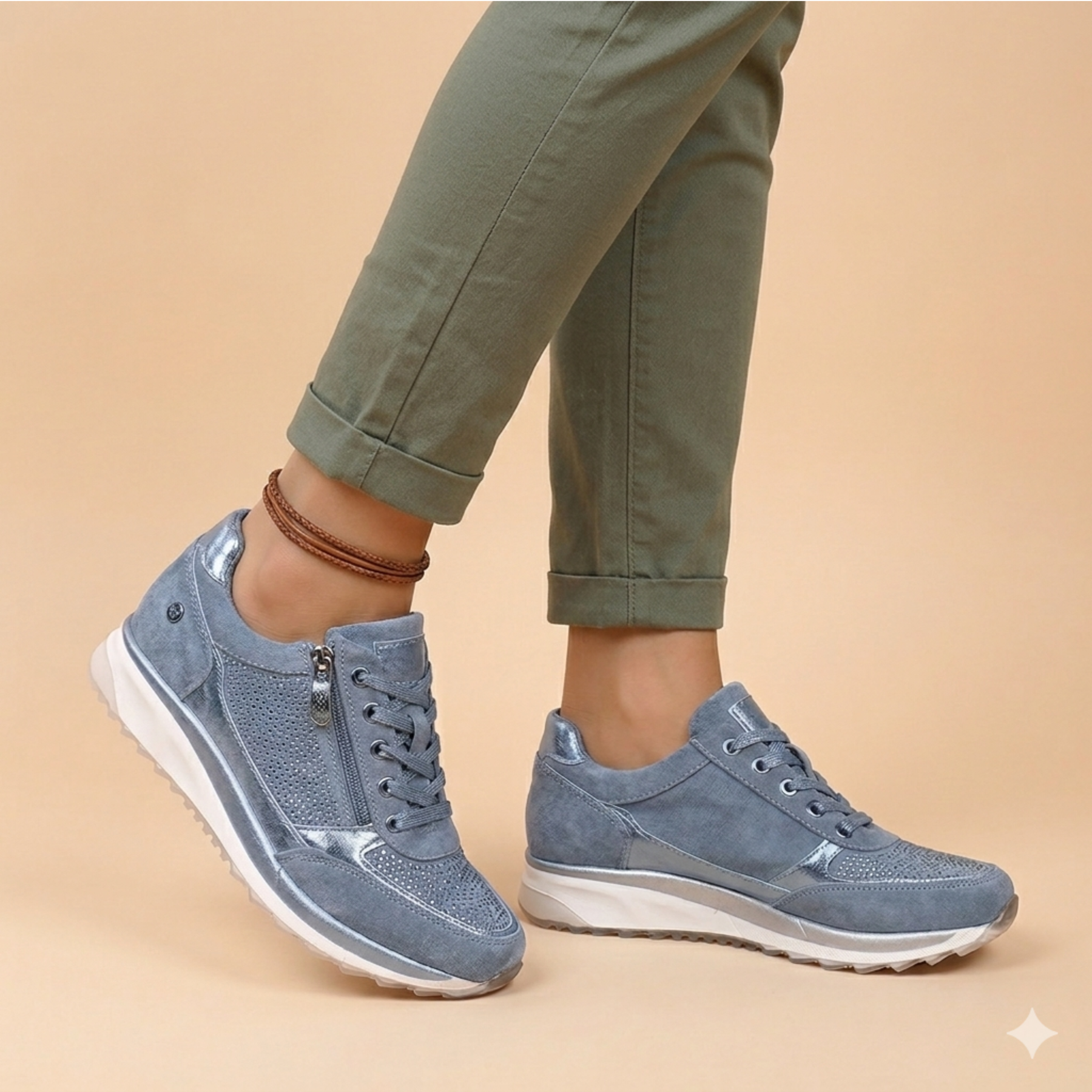 Blau - Women's cuffed slim-leg pants in a smooth woven fabric, styled with metallic and perforated side-zip sneakers.