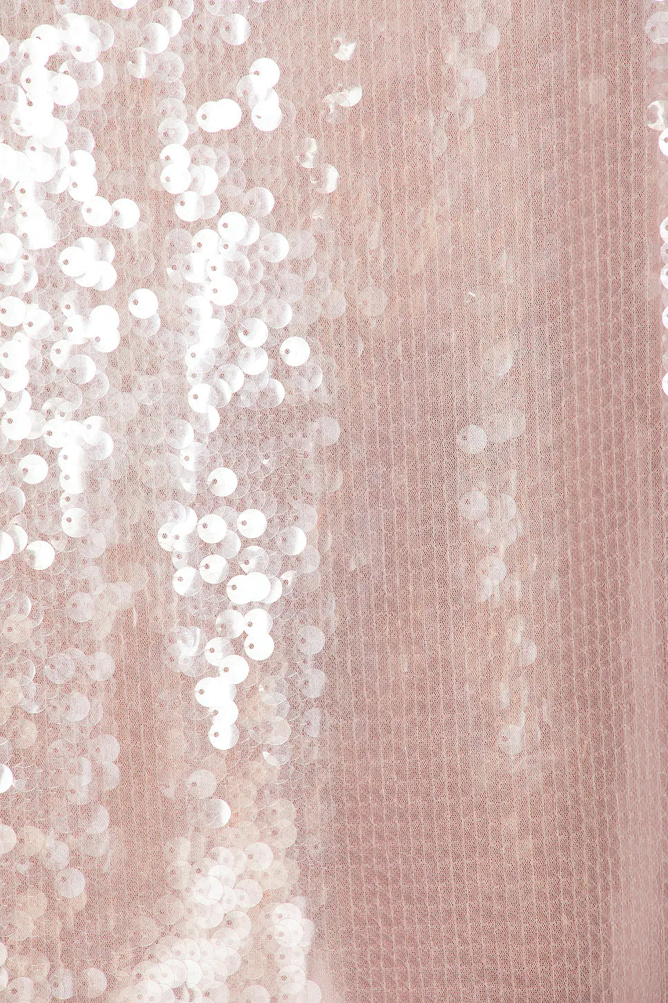 Women's pale pink mini slip dress featuring all-over sequins, a V-neckline with contrasting black lace trim, and delicate spaghetti straps.