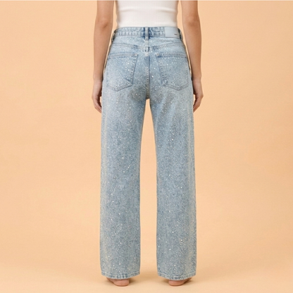 2XL - Women's light wash high-waisted straight-leg denim pants covered in small, shiny sparkle embellishments.