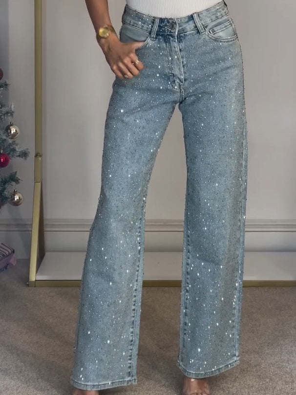 2XL - Women's light wash high-waisted straight-leg denim pants covered in small, shiny sparkle embellishments.
