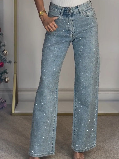 2XL - Women's light wash high-waisted straight-leg denim pants covered in small, shiny sparkle embellishments.