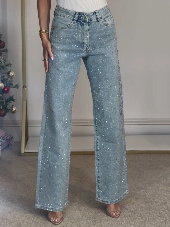 2XL - Women's light wash high-waisted straight-leg denim pants covered in small, shiny sparkle embellishments.