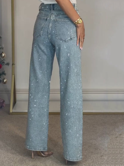 2XL - Women's light wash high-waisted straight-leg denim pants covered in small, shiny sparkle embellishments.