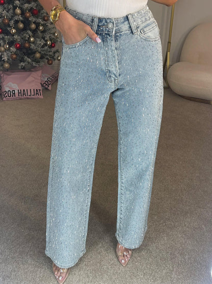 2XL - Women's light wash high-waisted straight-leg denim pants covered in small, shiny sparkle embellishments.