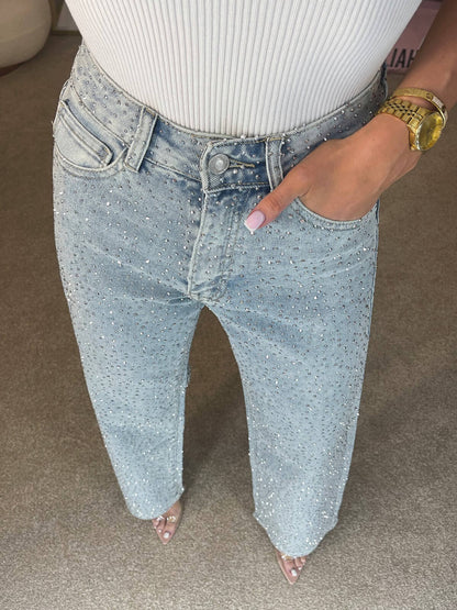 2XL - Women's light wash high-waisted straight-leg denim pants covered in small, shiny sparkle embellishments.