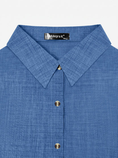 Blue - Women's light green long-sleeve button-down blouse with a collar and textured weave, styled tucked into white trousers.