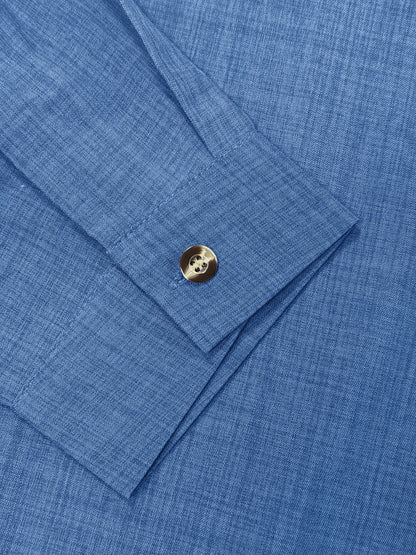 Blue - Women's light green long-sleeve button-down blouse with a collar and textured weave, styled tucked into white trousers.