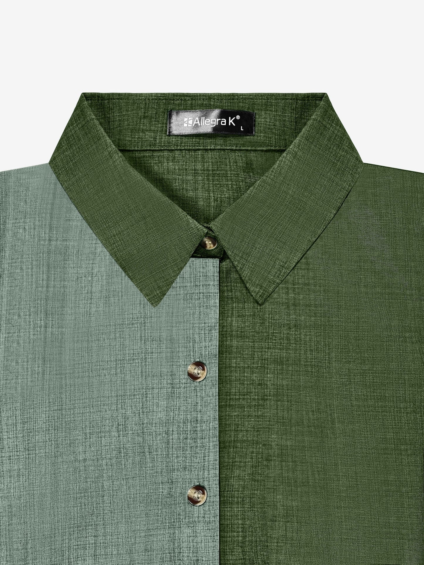 Green - Women's light green long-sleeve button-down blouse with a collar and textured weave, styled tucked into white trousers.