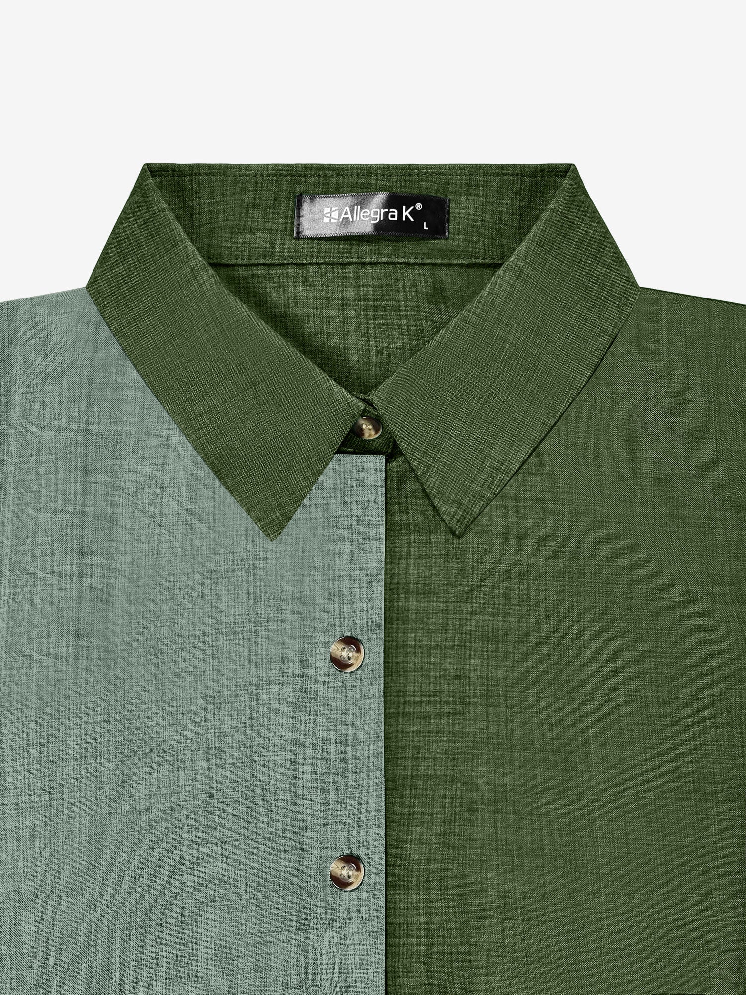 Green - Women's light green long-sleeve button-down blouse with a collar and textured weave, styled tucked into white trousers.