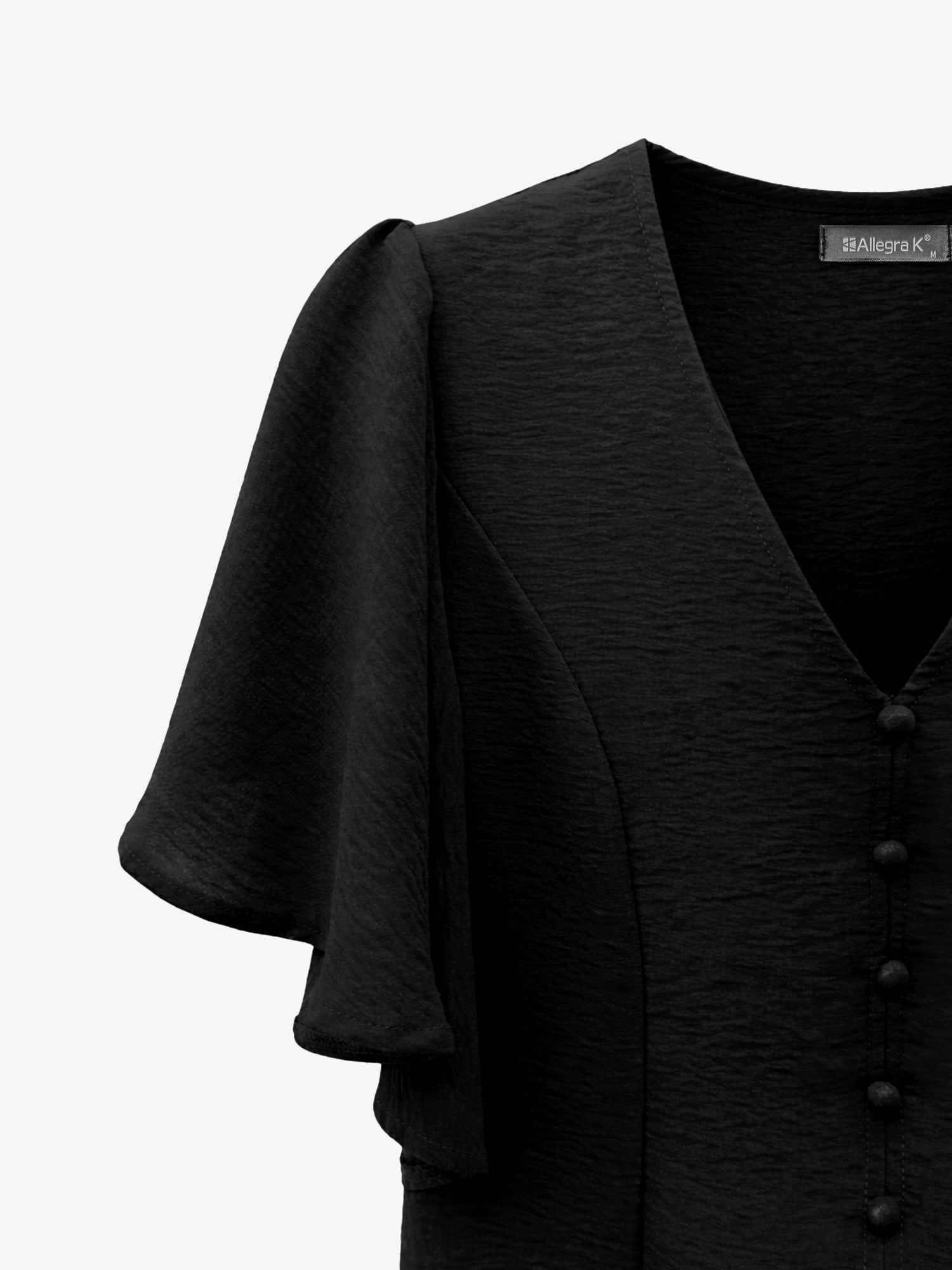 Black - Women's rust orange short flutter sleeve blouse featuring a V-neckline, fabric-covered button front, and a tailored peplum waist, styled with blue jeans.