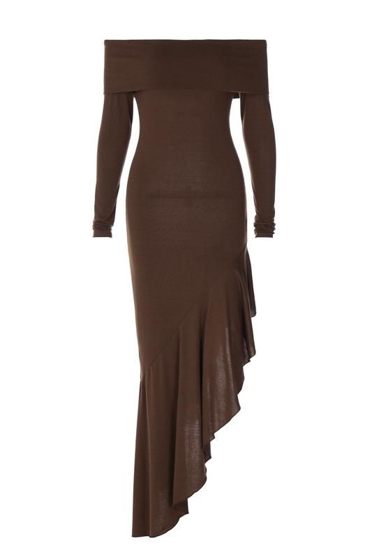 Brown - A woman models a long-sleeved, off-the-shoulder midi dress in a rich chocolate brown. The dress features a form-fitting bodice and a dramatic asymmetrical hemline with cascading ruffles, styled with black high-heeled boots.