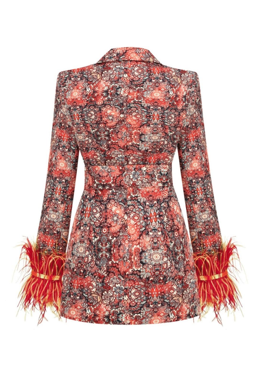 Multi - A woman wearing a tailored mini blazer dress featuring an intricate warm-toned floral print, a belted waist, and dramatic feather trim at the sleeve cuffs.
