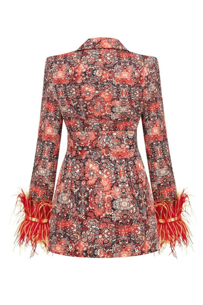 Multi - Women's formal mini blazer dress featuring an intricate warm-toned floral print, a belted waist, a deep V-neckline, and dramatic pink feather-trimmed cuffs.