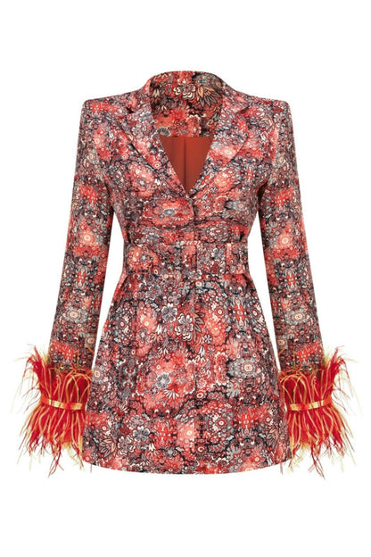 Multi - Women's formal mini blazer dress featuring an intricate warm-toned floral print, a belted waist, a deep V-neckline, and dramatic pink feather-trimmed cuffs.