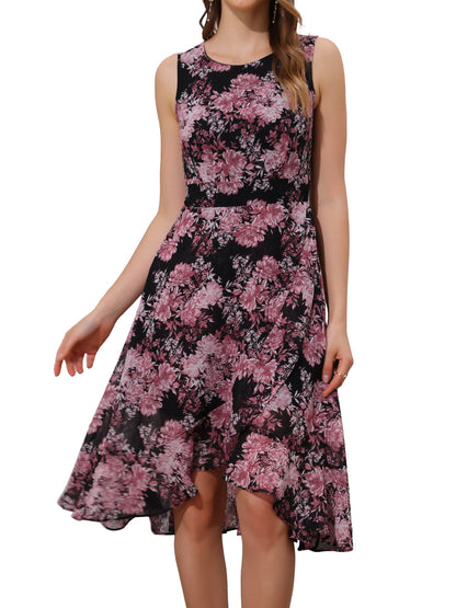 Black - Woman walking outdoors wearing a sleeveless floral chiffon midi sundress with an asymmetrical high-low ruffle hem.