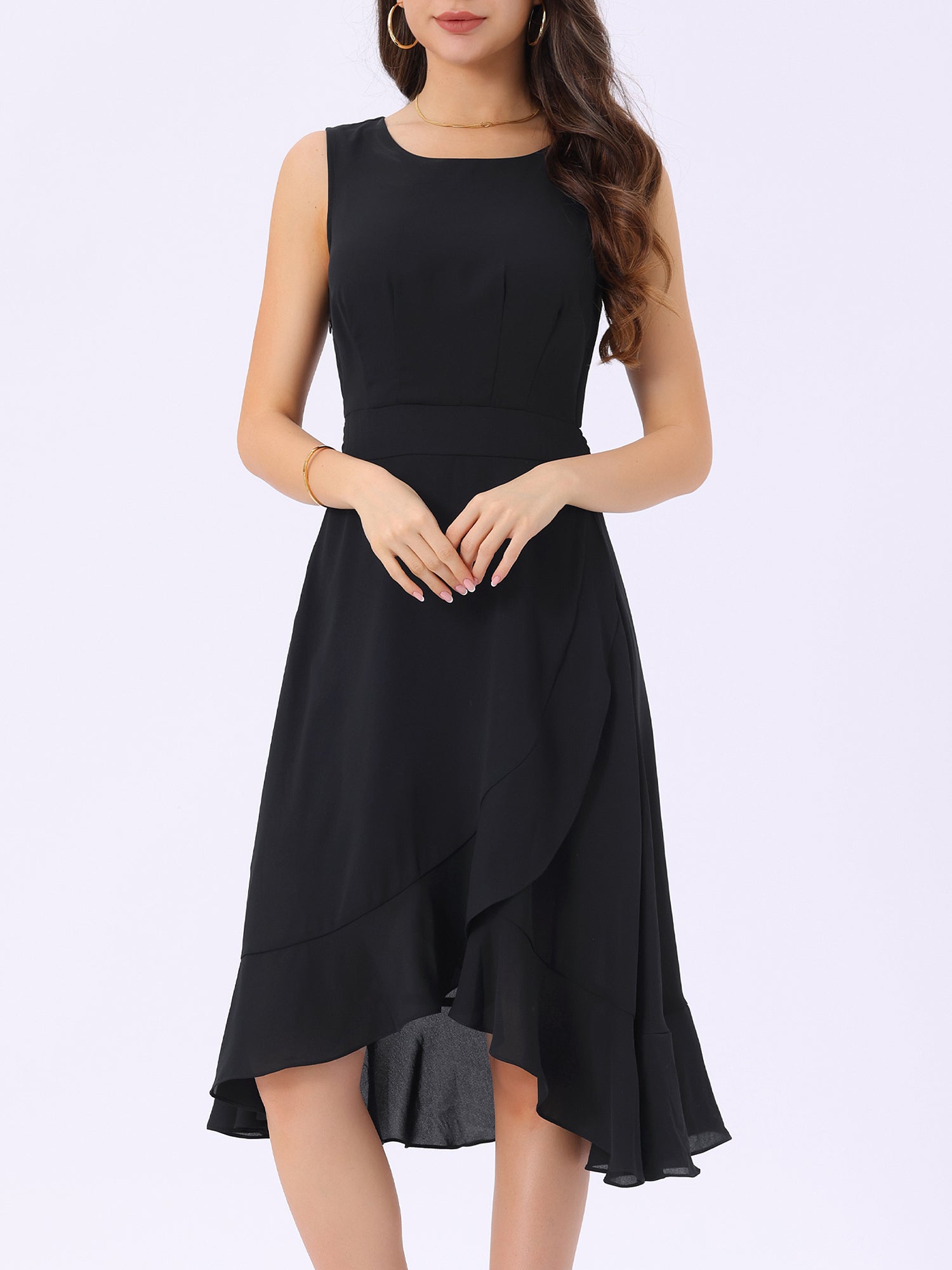 Black1 - Woman walking outdoors wearing a sleeveless floral chiffon midi sundress with an asymmetrical high-low ruffle hem.