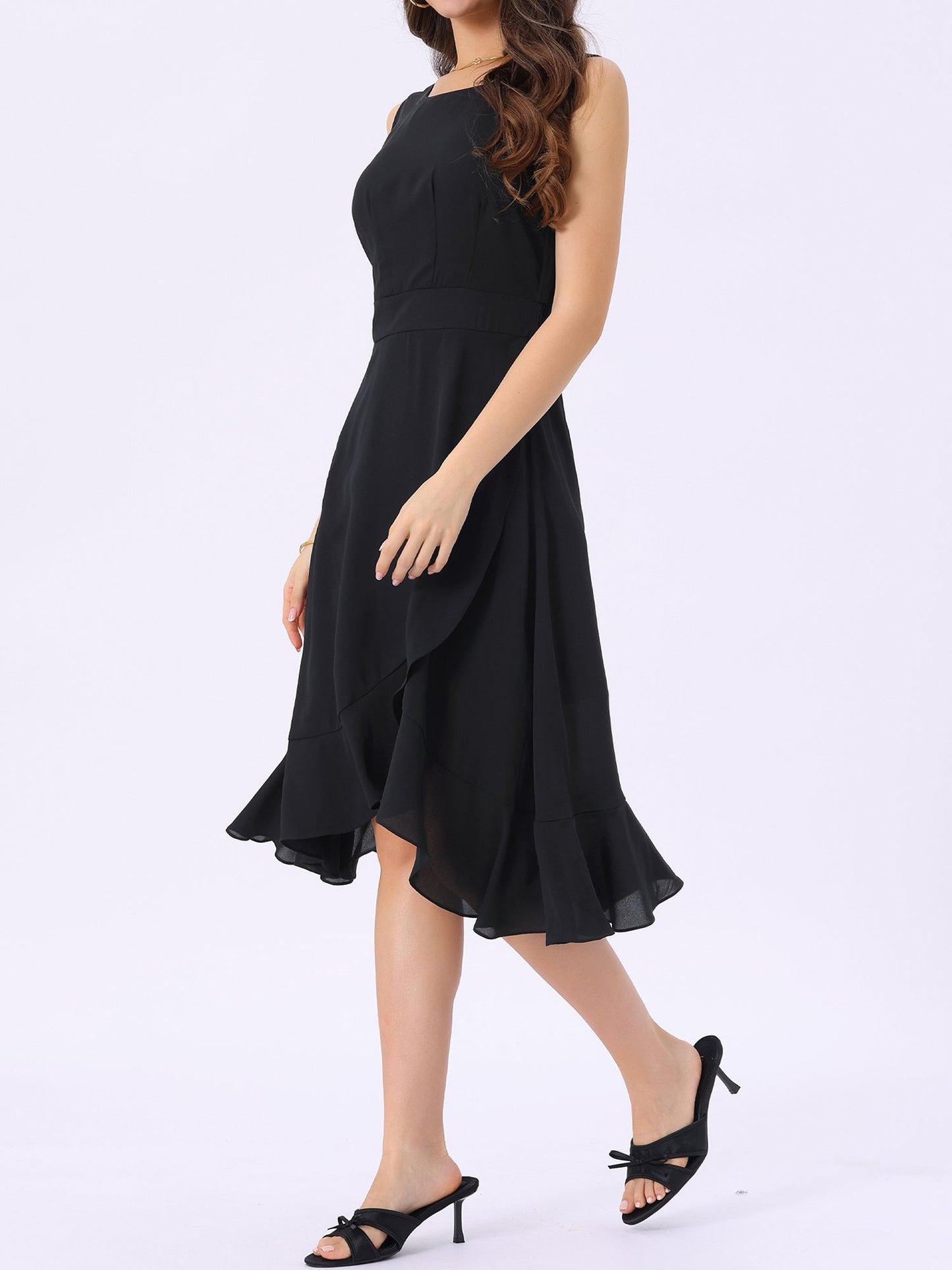 Black1 - Woman walking outdoors wearing a sleeveless floral chiffon midi sundress with an asymmetrical high-low ruffle hem.