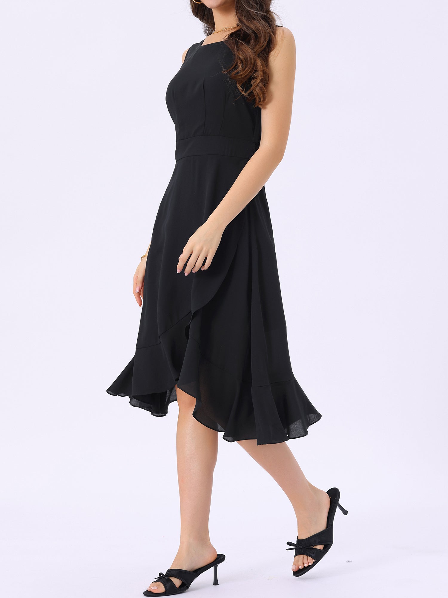 Black1 - Woman walking outdoors wearing a sleeveless floral chiffon midi sundress with an asymmetrical high-low ruffle hem.