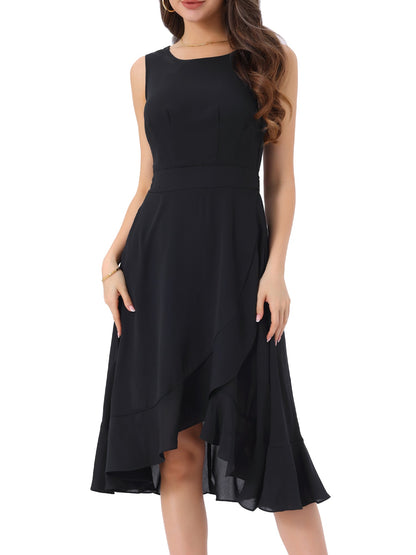 Black1 - Woman walking outdoors wearing a sleeveless floral chiffon midi sundress with an asymmetrical high-low ruffle hem.