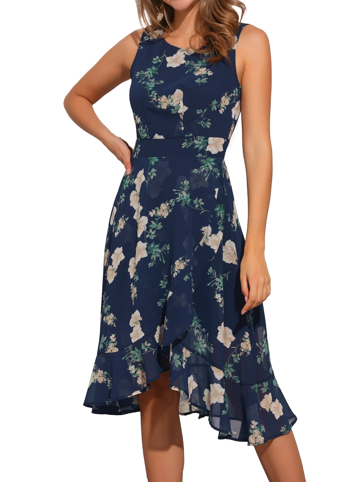 Dark Blue - Woman walking outdoors wearing a sleeveless floral chiffon midi sundress with an asymmetrical high-low ruffle hem.