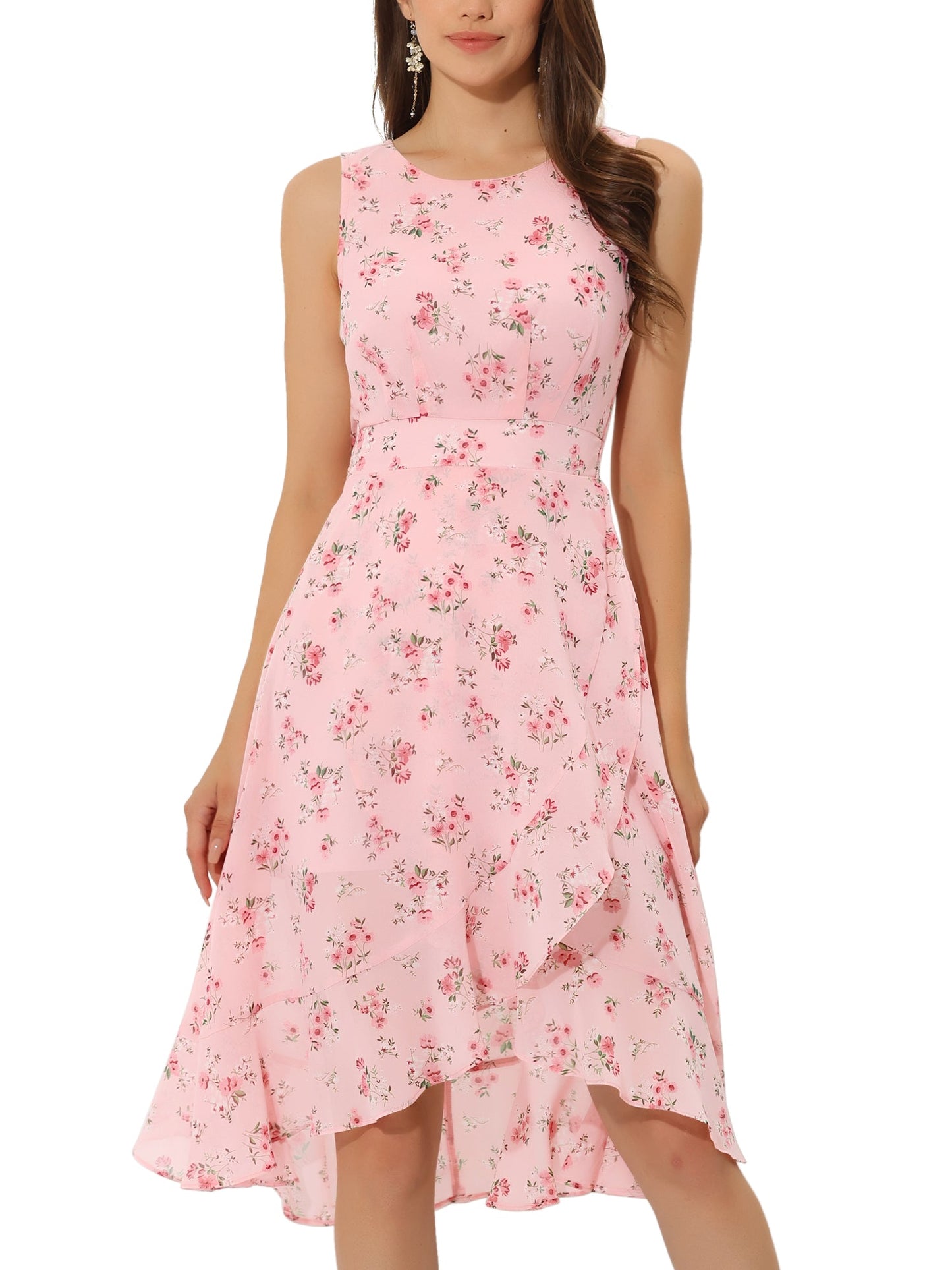 Pink - Woman walking outdoors wearing a sleeveless floral chiffon midi sundress with an asymmetrical high-low ruffle hem.