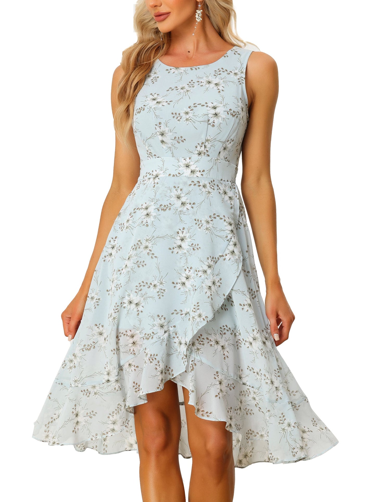 Light Blue - Woman walking outdoors wearing a sleeveless floral chiffon midi sundress with an asymmetrical high-low ruffle hem.
