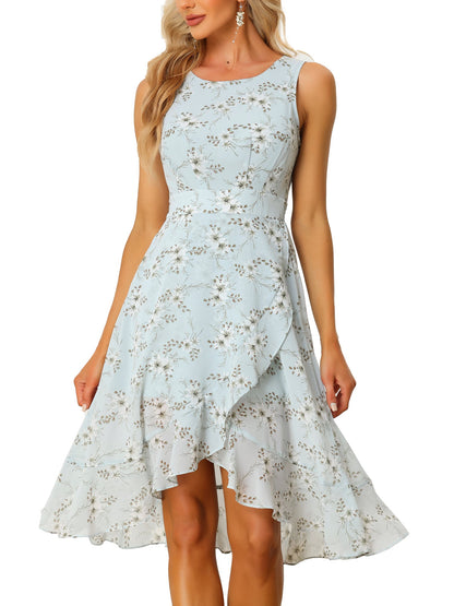 Light Blue - Woman walking outdoors wearing a sleeveless floral chiffon midi sundress with an asymmetrical high-low ruffle hem.