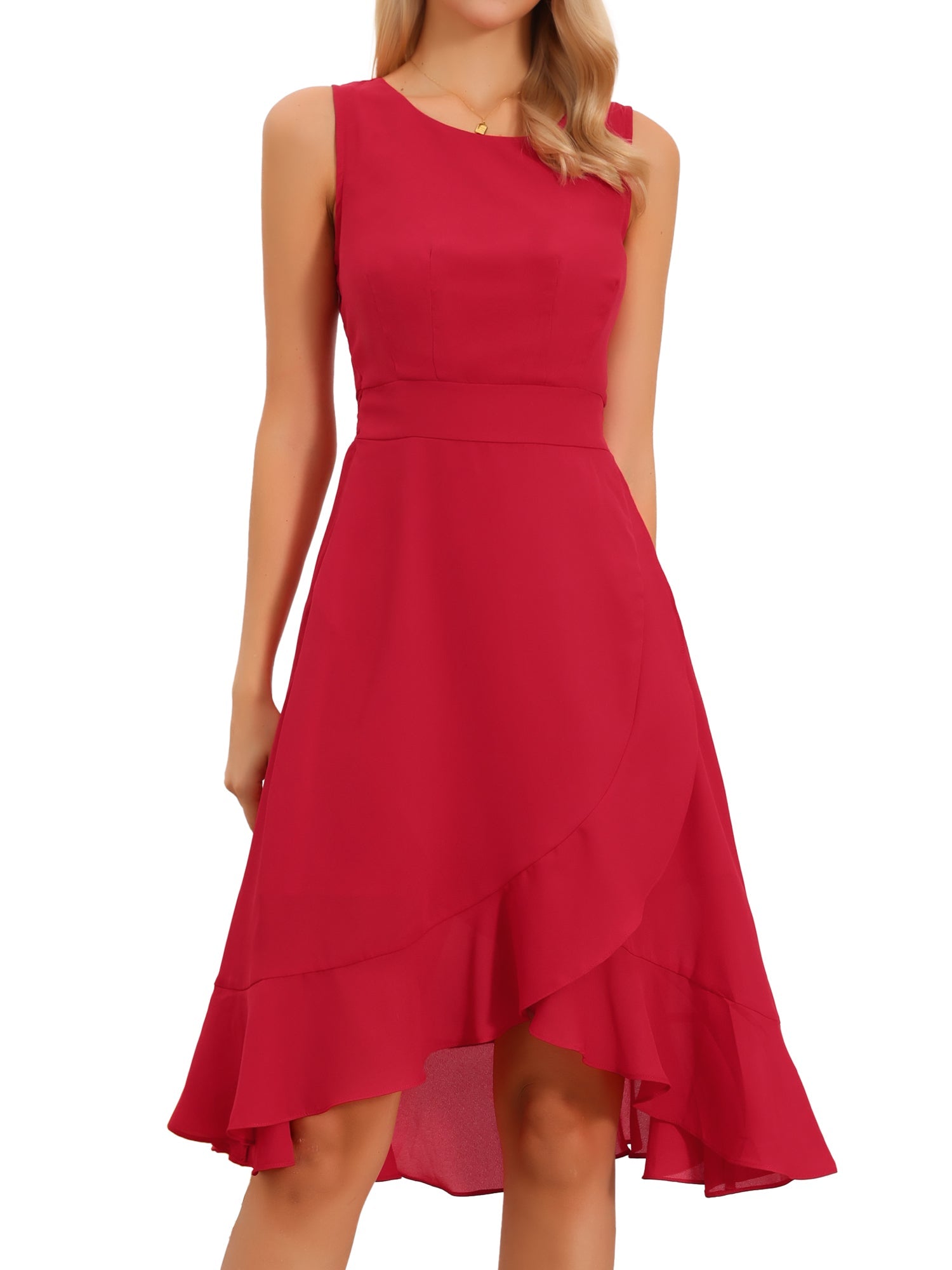 Red - Woman walking outdoors wearing a sleeveless floral chiffon midi sundress with an asymmetrical high-low ruffle hem.