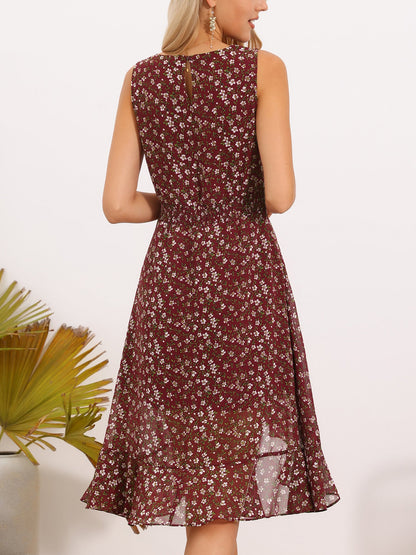 Wine Red - Woman walking outdoors wearing a sleeveless floral chiffon midi sundress with an asymmetrical high-low ruffle hem.