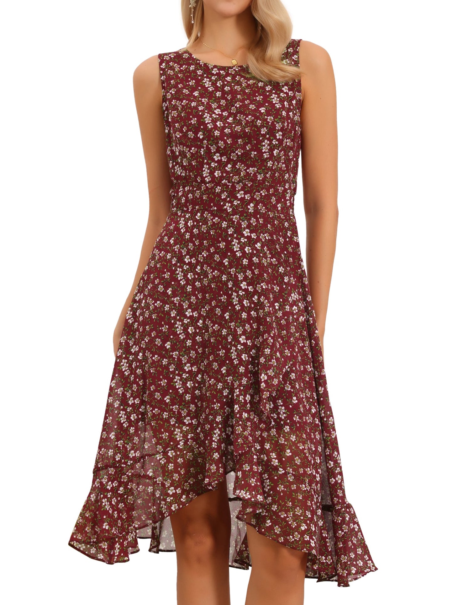 Wine Red - Woman walking outdoors wearing a sleeveless floral chiffon midi sundress with an asymmetrical high-low ruffle hem.