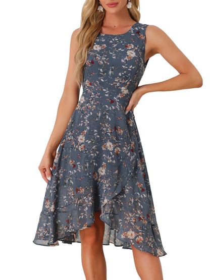 Blue Grey - Woman walking outdoors wearing a sleeveless floral chiffon midi sundress with an asymmetrical high-low ruffle hem.