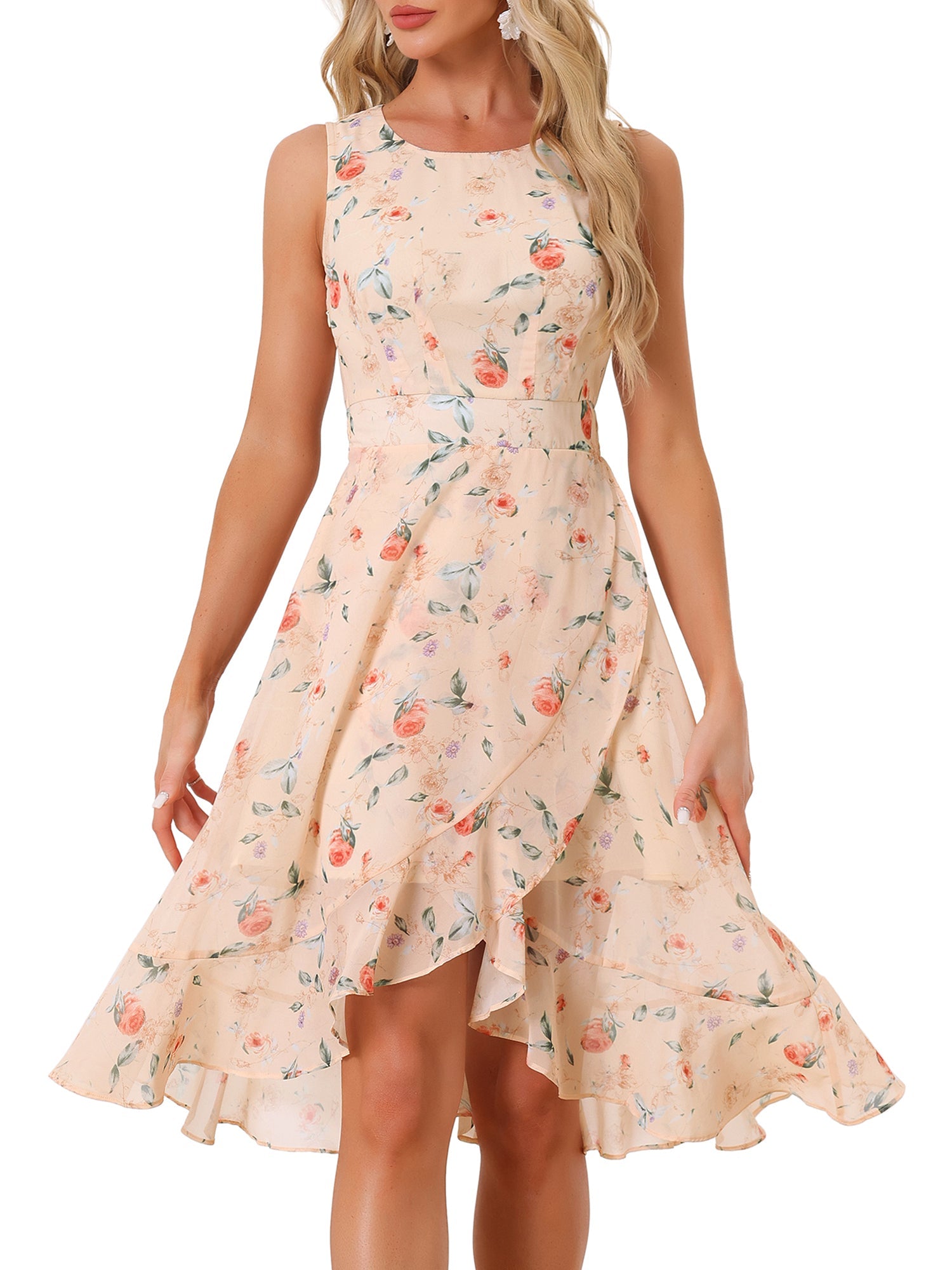 Apricot - Woman walking outdoors wearing a sleeveless floral chiffon midi sundress with an asymmetrical high-low ruffle hem.