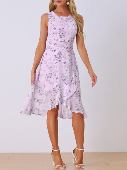 Purple - Woman walking outdoors wearing a sleeveless floral chiffon midi sundress with an asymmetrical high-low ruffle hem.